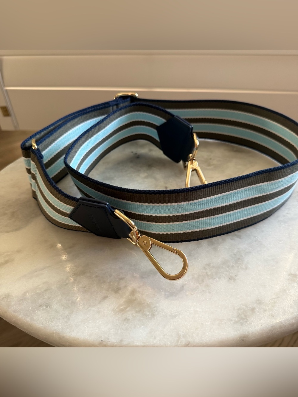 Adjustable Blue Stripe Bag Strap with Gold Hardware